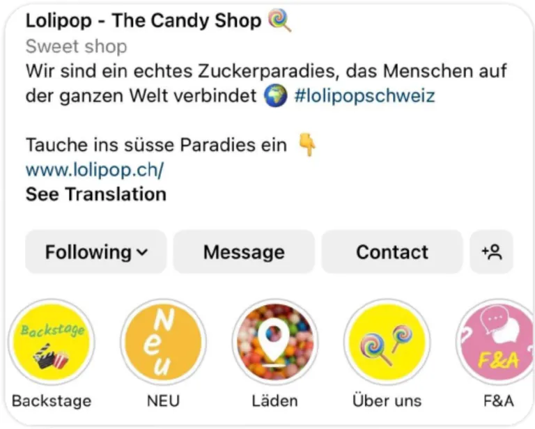 Lolipop Instagram profile header after the rework, clear positioning and tidy highlights.