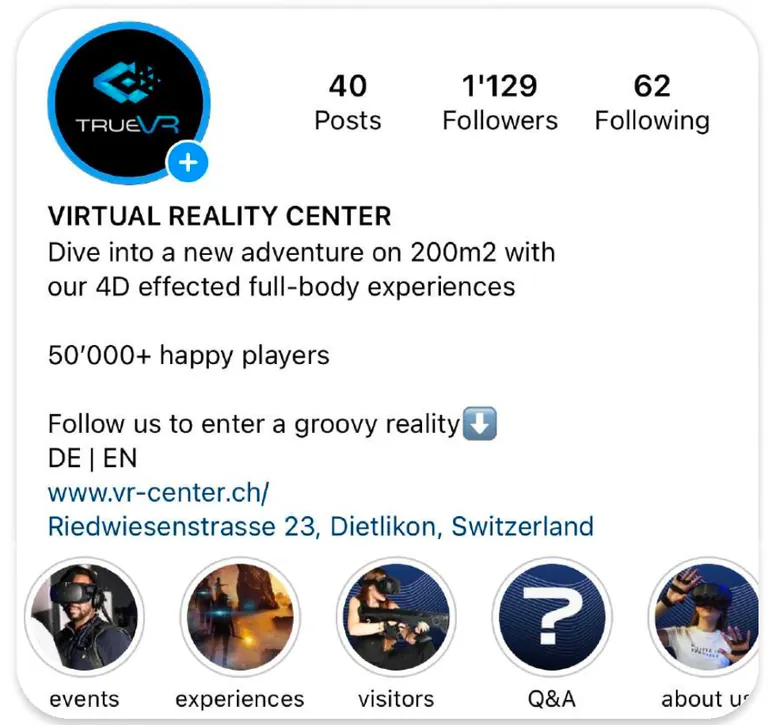 Instagram-Profilkopf von trueVRsystems nach der Überarbeitung, klare Markenpositionierung.