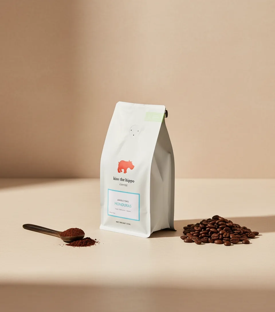 AI-optimiertes Produktfoto: weisse Kaffeeverpackung zwischen Kaffeebohnen und gemahlenem Kaffee.